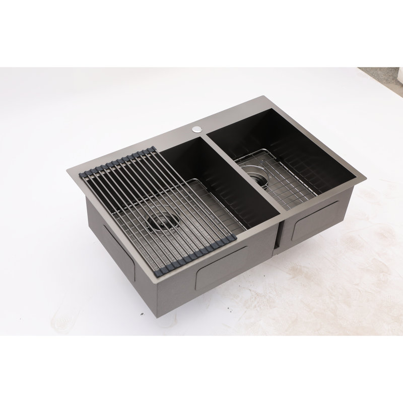 Évier à double cuve en acier inoxydable de calibre 18 de 33 po x 22 po, noir bronze industriel, jauge de cuisine moderne et fonctionnelle noire, fonctionnalité améliorée