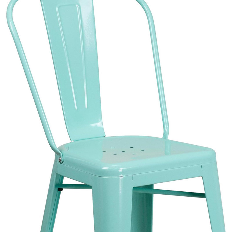 Commercial Grade Distressed Metal Indoor-Outdoor Counter Height Stool with Back, Mint Green, Counter Stool (24" Seat Height)