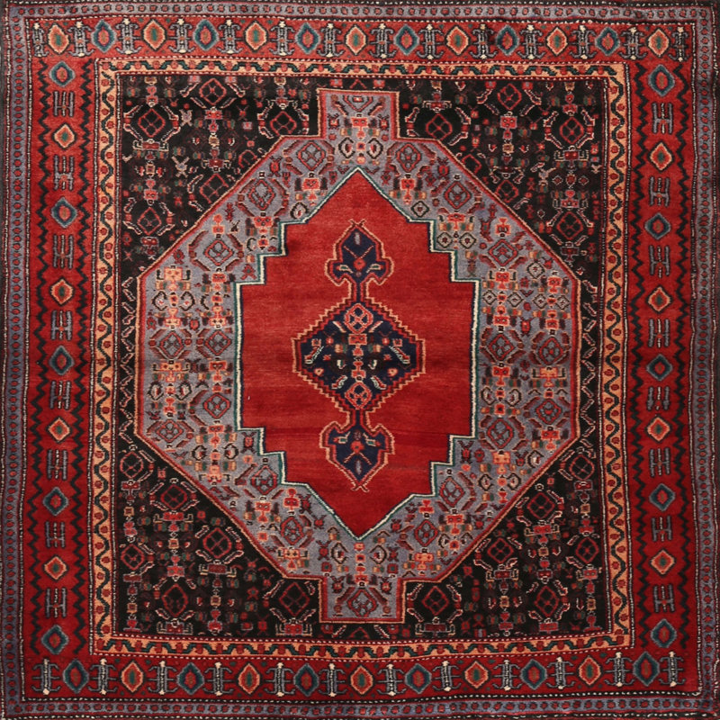 Tapis traditionnel rouge / noir / beige, Rond 8 pi
