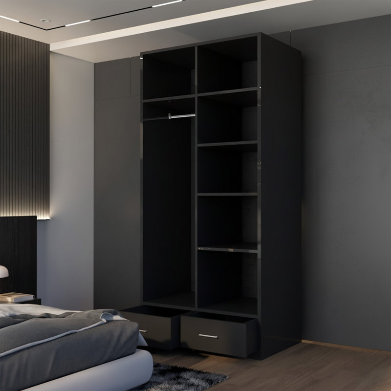 Modern 2 Door 2 Drawer High Gloss Hinged Wardrobe, Black