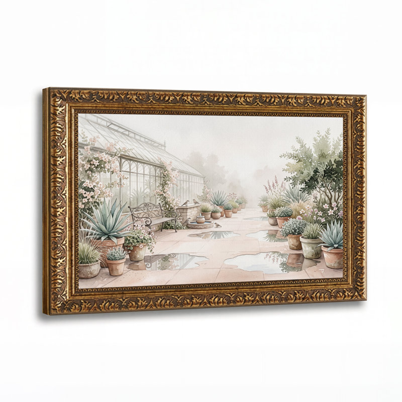Plantes en pot dans un jardin de serre brumeux, tableau sur toile, H 16 po x l 24 po
