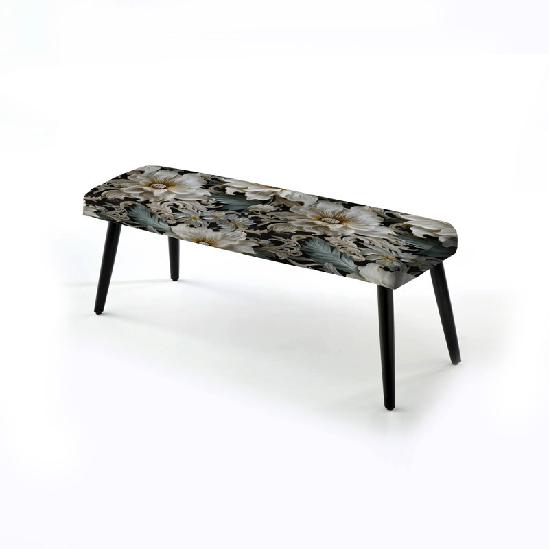Banc noir rembourré Botanical, Motif de fleurs exotiques grises et blanches I