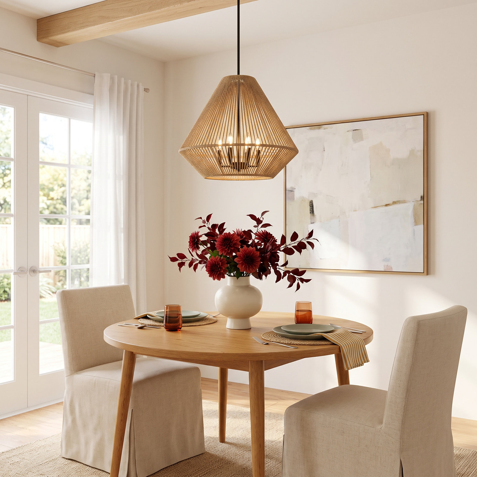 Simon Dimmable 4 - Light Pendant, Natural Raphia Rope