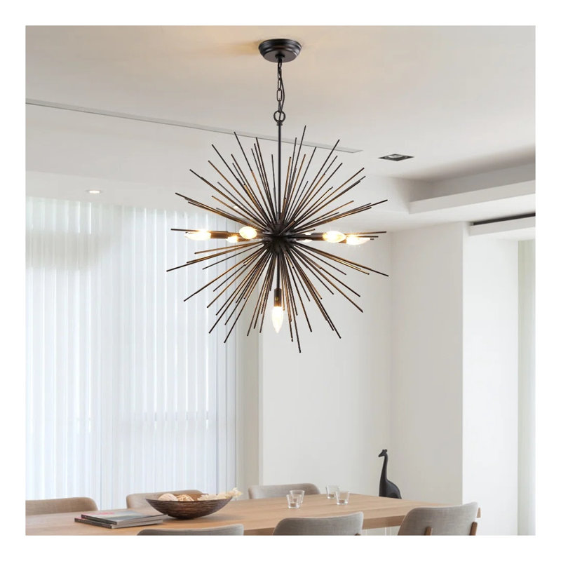 Lustre Sputnik moderne à 7 lumières en métal noir, style étoile, avec chaîne réglable, idéal pour salle à manger ou chambre.