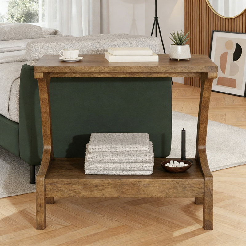 Table de bout en bois massif, table d'appoint étroite avec tablette de rangement à 2 niveaux