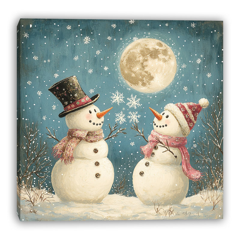 «Snowman Under Winter Moon», art mural sur toile tendue, 12 po x 12 po