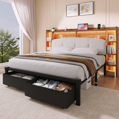 Upholstered Bed Frame with Storage Drawers, Platform Bed with Bookcase Headboard, LED Lights & Charging Station