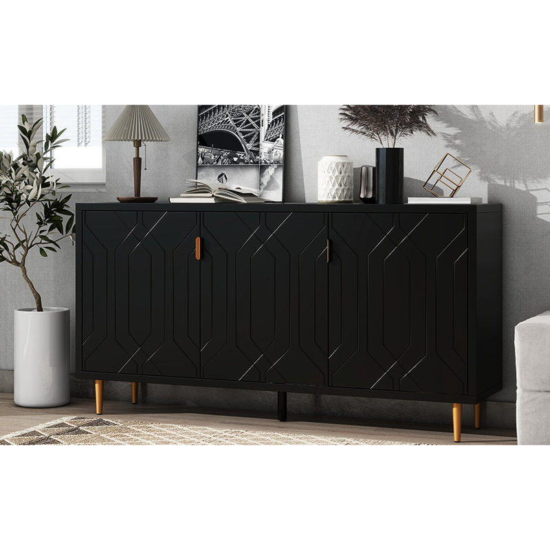 Meuble télé de salon, noir, 3 portes et tablettes réglables, s'adapte parfaitement aux téléviseurs de 70 po, Noir