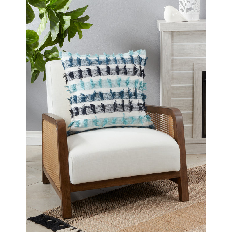 Frankie Collection Fringed Cotton Throw Pillow, Blue, Down Blend