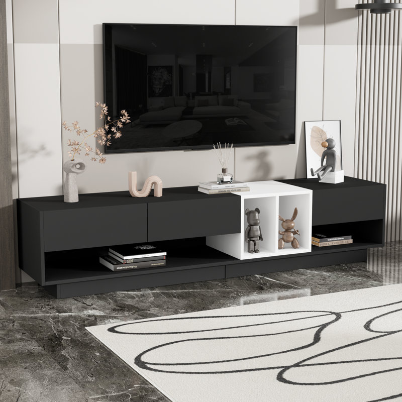 Meuble télé élégant et élégant avec solution de rangement parfaite, console multimédia à deux tons pour téléviseur de 80 po ou moins, meuble télé fonctionnel avec compartiment polyvalent pour le salon