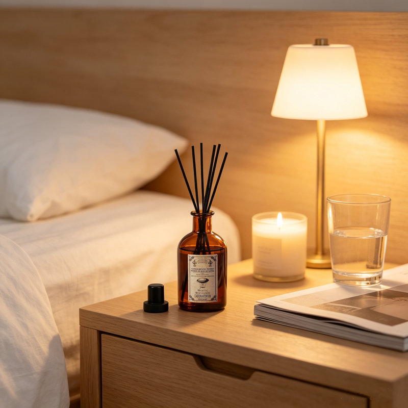 Hosley Reed Diffuser Set, 6 oz Apothecary Sandalwood Myrrh Scented Diffuser with Sticks Home Fragrance Reed Diffuser for Bathroom Shelf Decor Ideal Gift for Weddings, Spa, Reiki, Meditation