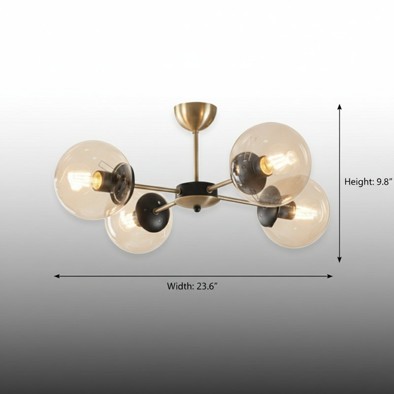 Lustre moderne Spoutnik 4 lumières avec abat-jour sphériques ambre / blanc, Ambre, Cuivre / noir