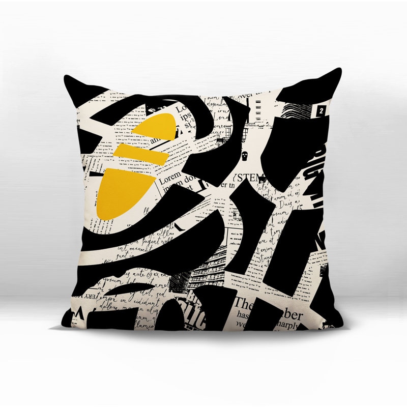 Oreiller carré réversible intérieur / extérieur Kaya, H 15 po x l 15 po, Jaune / noir / blanc cassé abstrait