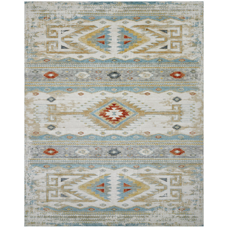 Vittoriana Weathered Ivory Teal Wool Hand Crafted Area Rug, Rectangle 5' x 7'
