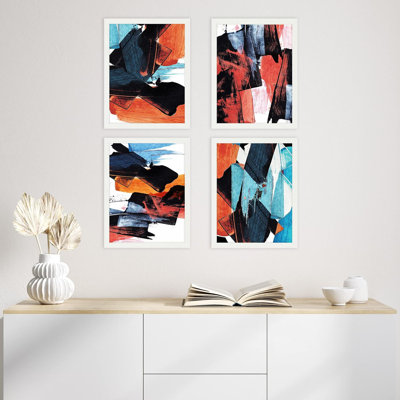 Ensemble de 4 reproductions murales géométriques abstraites encadrées sur papier quadrillé rouge et bleu encadrées sur papier, impression de 4 pièces