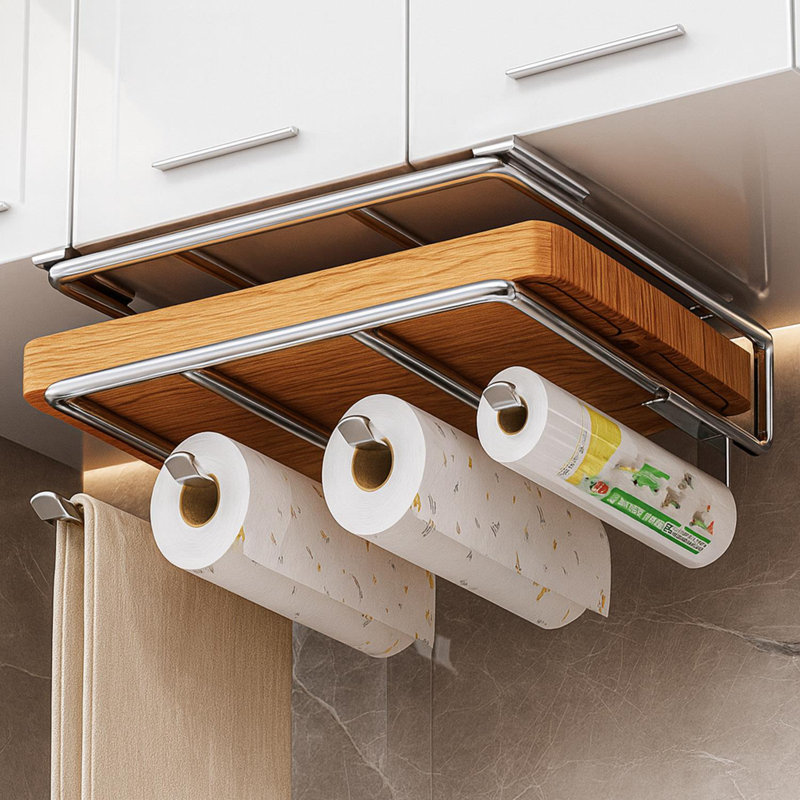 Stainless Steel Under Cabinet Cutting Board Organizer With Roll Holder – Heavy Duty Space-Saving No-Drill Chopping Board Storage Rack For Kitchen Cabinets