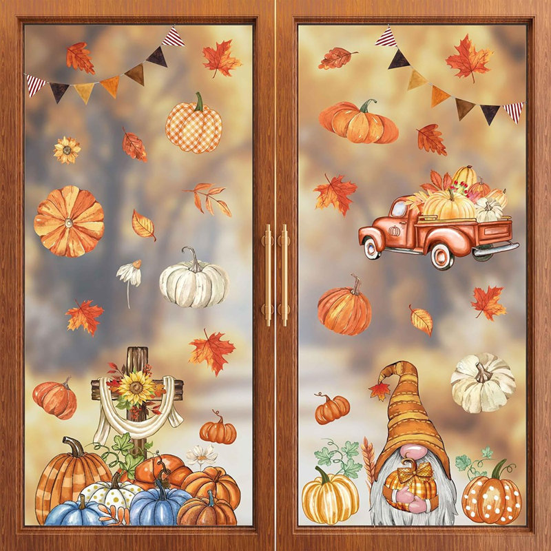 9 feuilles d'autocollants de fenêtre d'automne de gnome croix feuilles d'érable autocollants de fenêtre double face autocollants pour la fête de l'Action de grâce d'automne décorations de bureau de salle de classe