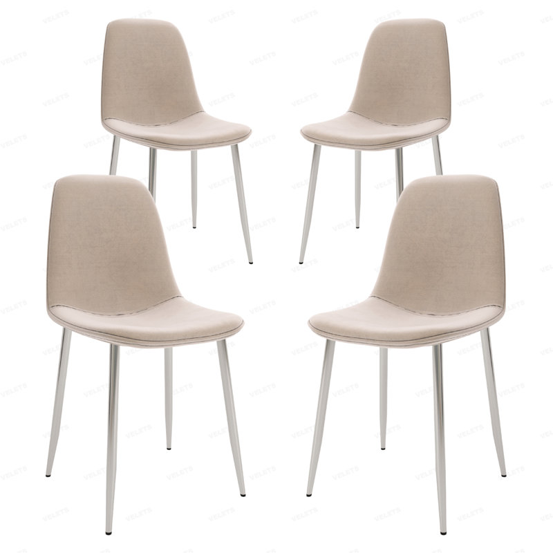 Kaydnce Upholstered Side Chair, Scoop-Back Curved Backrest, Foam Padded Seat w/Slim Legs, Chrome, Ivory