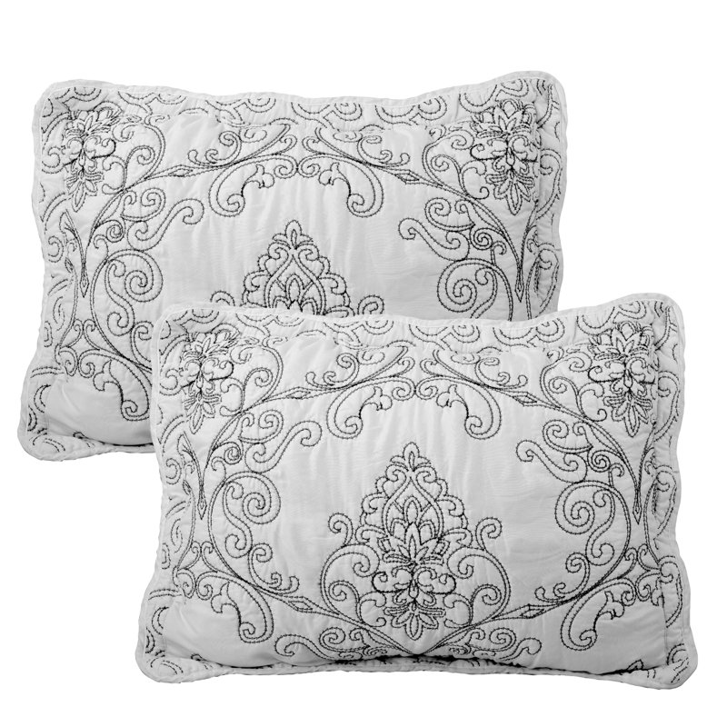 4 Piece Damask Oversized Embroidery Bedspread Set, Queen Quilt + 2 Queen Shams + Throw Pillow, White