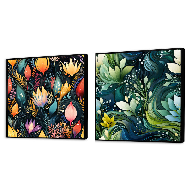 Hardcastle - Ensemble de 2 collages carrés botaniques abstraits, Cadre flottant noir, H 16 po x l 33 po
