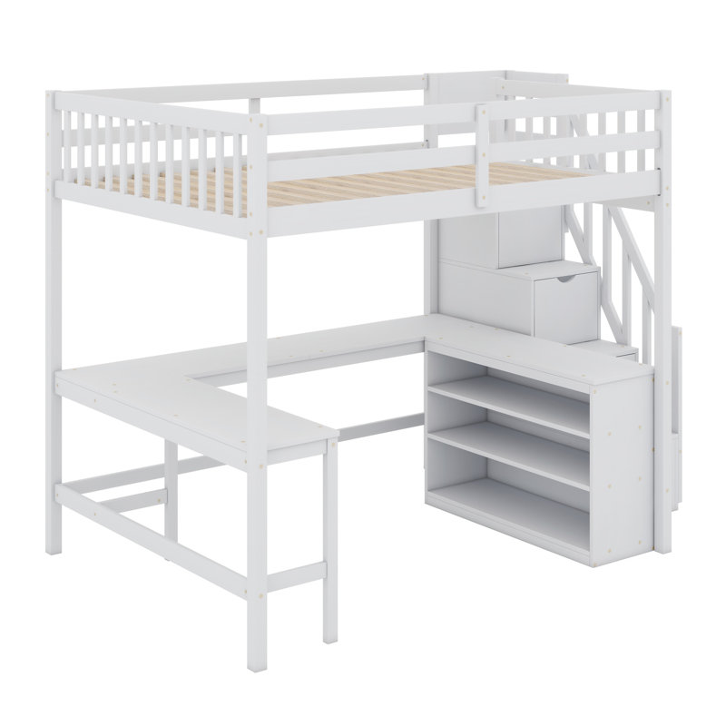Lit mezzanine avec bureau intégré en forme de L et tablettes de rangement à trois niveaux, et escalier de rangement attaché