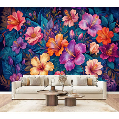 Peel and Stick Wallpaper Vibrant Tropical Hibiscus Flowers Botanical Foliage Decorative Art Wall Murals 69"H x 96"W Removable PVC Wall Paper Self-Adhesive Wall Decor for Bedroom Living Room Home Office