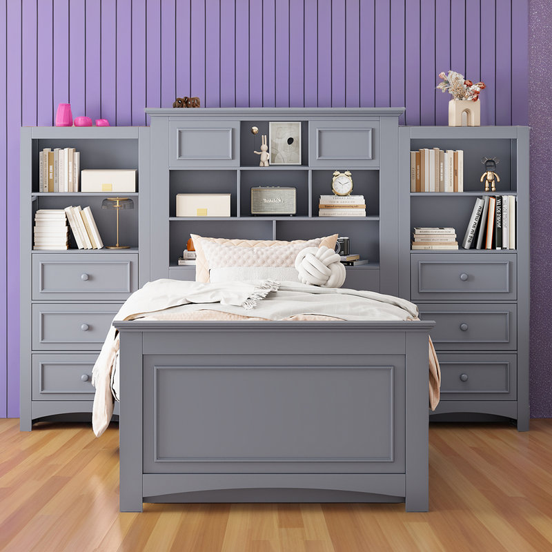 Twin Size Storage Platform Bed Captain Bed- 18 Storage Compartments - Solid Pine Wood - 400LB Capacity, Gray