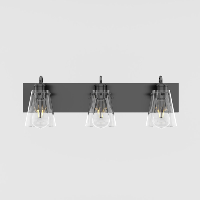 Éclairage pour meuble-lavabo moderne à intensité variable 3 lumières de couleur noire matte avec abat-jour en verre transparent 24 po.