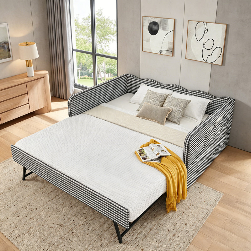Canapé-lit convertible polyvalent 3-en-1 avec couchette coulissante et poches de rangement latérales Gingham, Black, Double