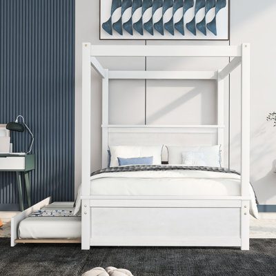 Lit à baldaquin de conception moderne avec lit gigogne, surface de couchage polyvalente et stable pour lit double, blanc brossé
