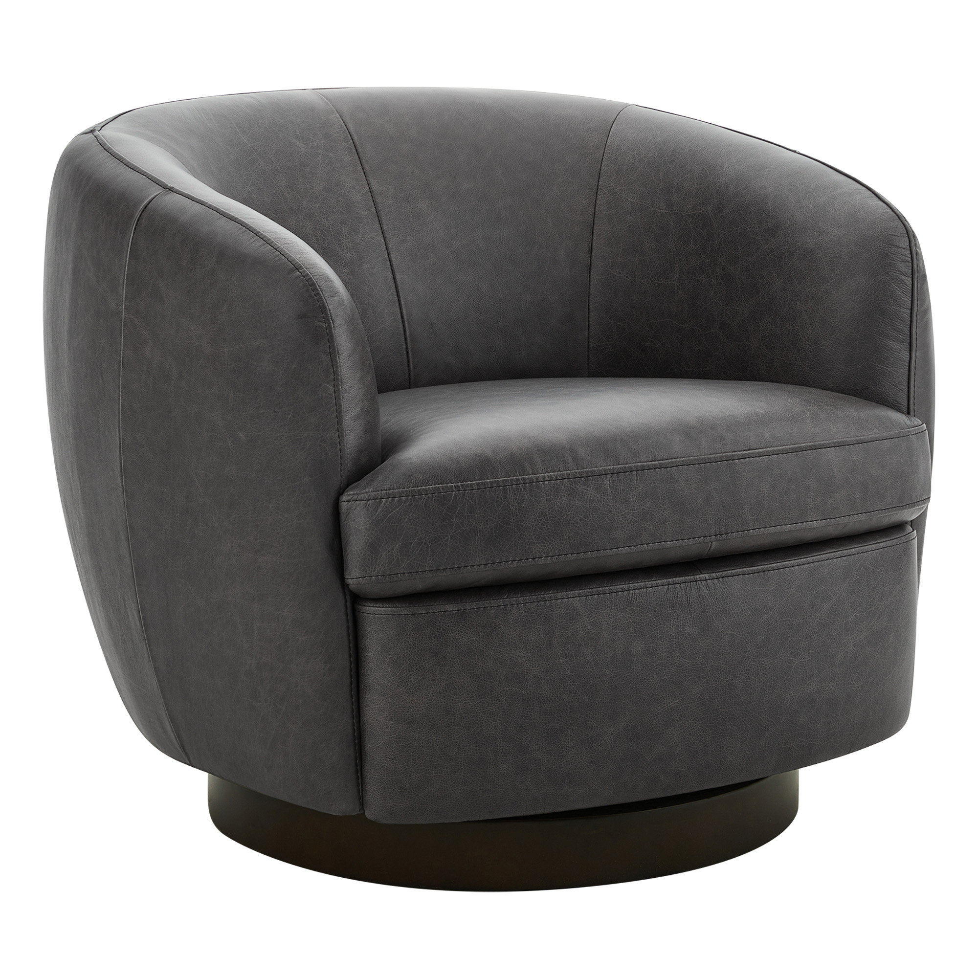 Marcy Genuine Leather Swivel Barrel Chair, Marseille Black Top Grain Leather