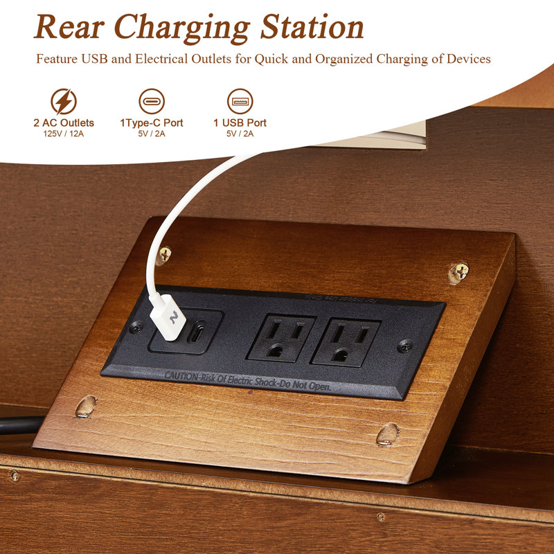Wood Nightstand with Charging Station, 2 Drawers & Open Shelf, Farmhouse Bedside Table with USB, Type-C & AC Outlets, Walnut