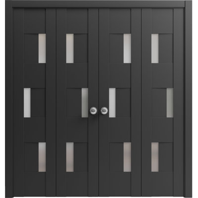 Sete Sliding Closet Double Bi-fold Doors | with Frosted Glass | Sturdy Tracks Mouldings Trims Hardware Set | Wood Solid Bedroom Wardrobe Doors