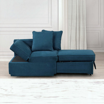 Convertible Chair – Blue Fabric – Pull‑Out Storage – Pillows