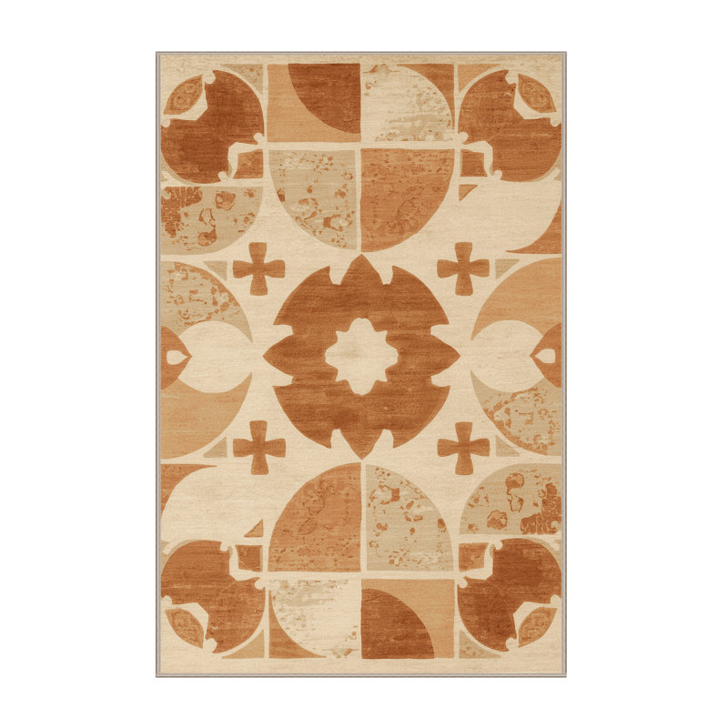 Machine Washable Elkton Arepas Global Inspired Block Print Rug in Beige – Beige Binding, 4x6
