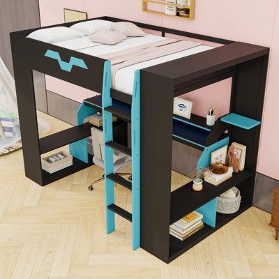 Wood Loft Bed with USB Ports and RGB Light