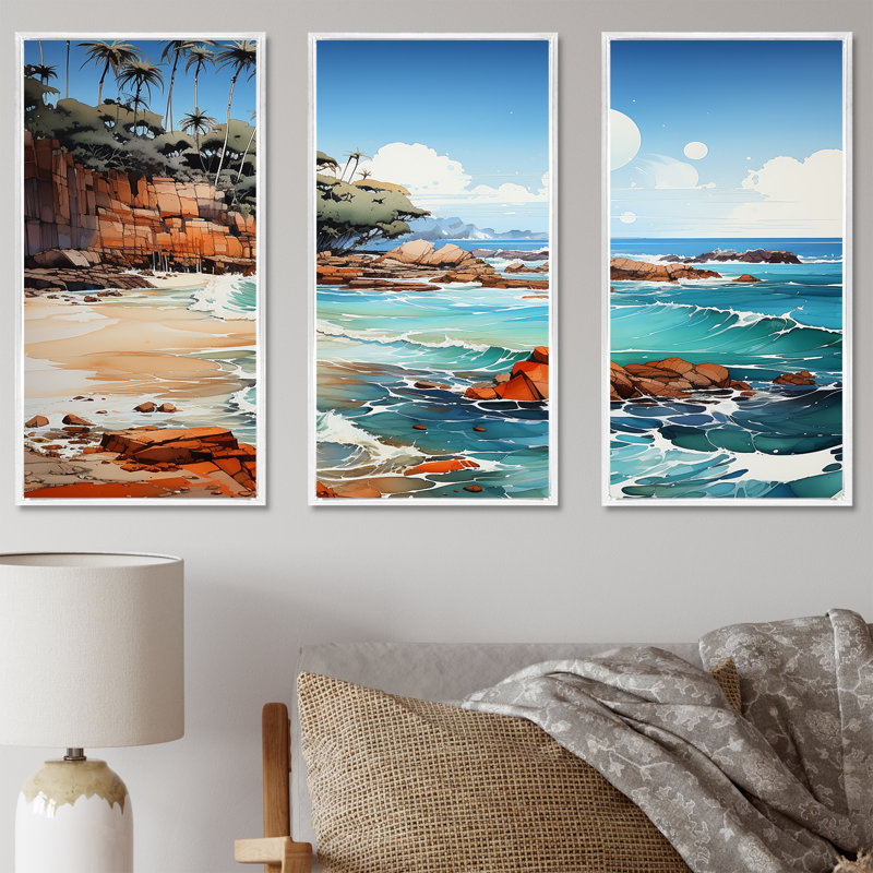 «Blue Beach Waves Fusion I», ensemble de reproduction d'art mural plage, Cadre flottant blanc, H 32 po x l 48 po x P 1 po