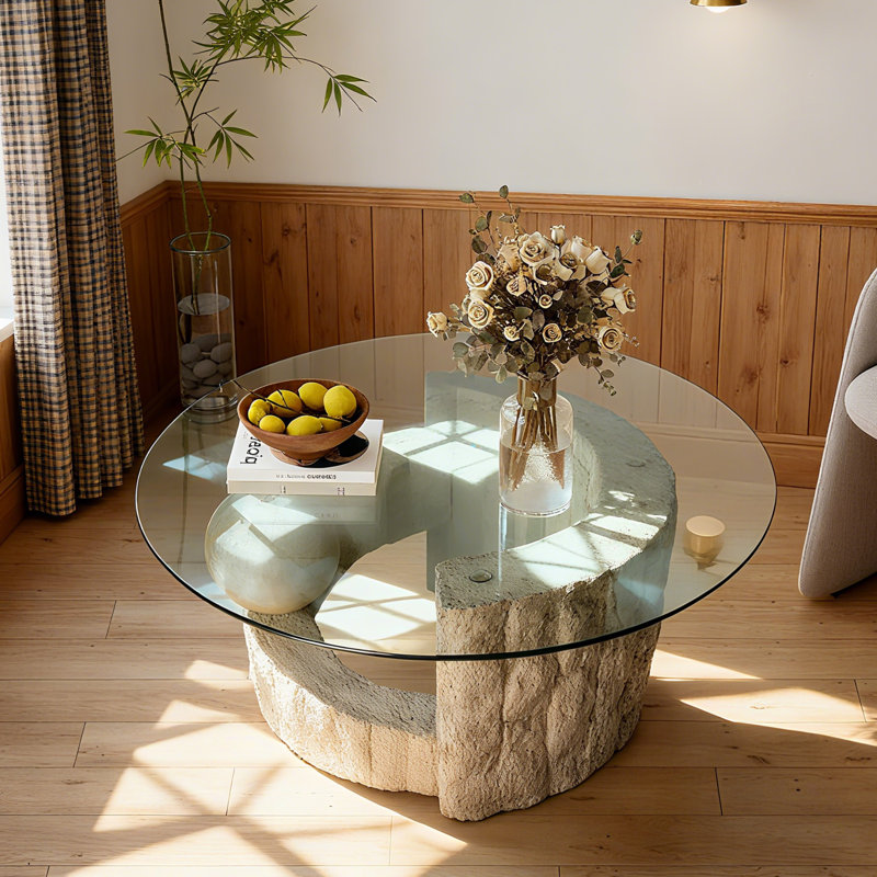 Round Glass Top Coffee Table Abstract Faux Stone Base Centre Table 100x100cm