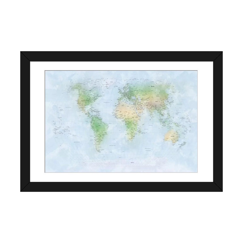 « world map iii », impression sur toile, H 16 po x l 24 po x P 1 po, Papier beaux-arts encadré noir, Blanc