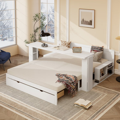 Queen Size Daybed with Removable Desk, Storage Drawers & Hydraulic Side Table, White