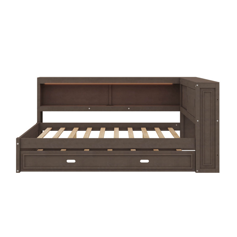 Lit de jour multifonctionnel pleine grandeur avec tablettes en L en forme de lit gigogne et ports USB intégrés et éclairage à DEL
