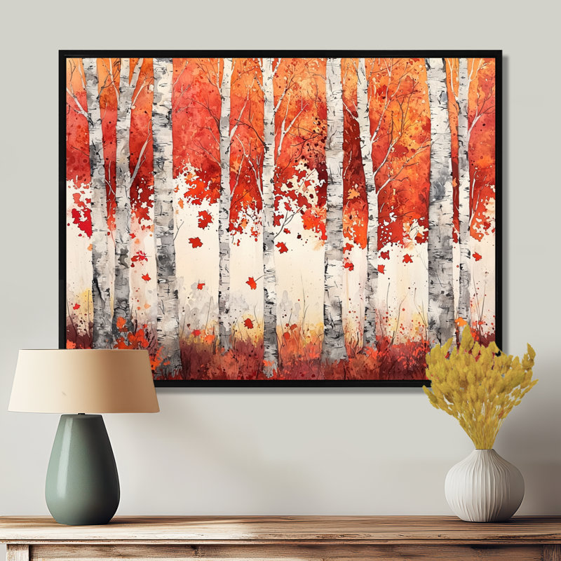 Automne, bouleaux, horizon, paysage d'automne, art mural, salon, H 24 po x l 32 po, Reproduction avec cadre flottant, Noir