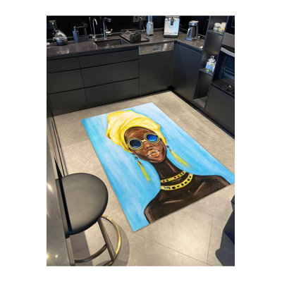 Tapis décoratif bleu à motif de visage jaune