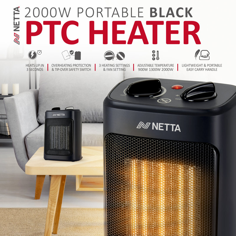 NETTA 2000W Mini Fan Heater with Adjustable Thermostat, 3 Heat Settings & Carry Handle, Black