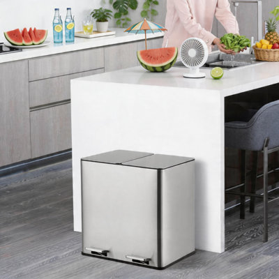 Poubelle à double compartiment 2 x 4 gallons avec seau intérieur amovible, poubelle à pédale de 30 L avec couvercle à fermeture en douceur, poubelle rectangulaire en acier inoxydable, résistante aux empreintes digitales, pour la cuisine et le bureau à domicile.