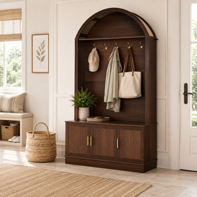 Arbre d'entrée 46,4 po Farmhouse avec banc de rangement et 5 crochets, Walnut