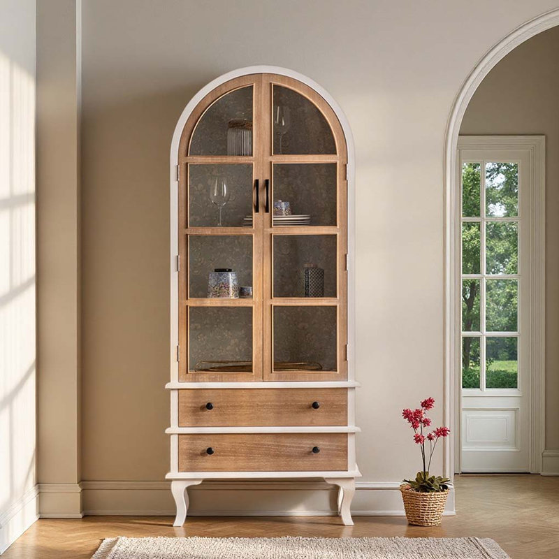 Vitrine avec portes en verre et compartiments de rangement dissimulés, Blanc / bois naturel