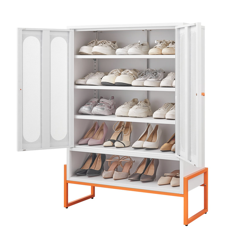 White Freestanding Shoe Cabinet With Adjustable Shelves, 15Cm Airflow, And Dual - Opening Butterfly Doors Powder Coated Double Door Elevated Design, Tip Kit