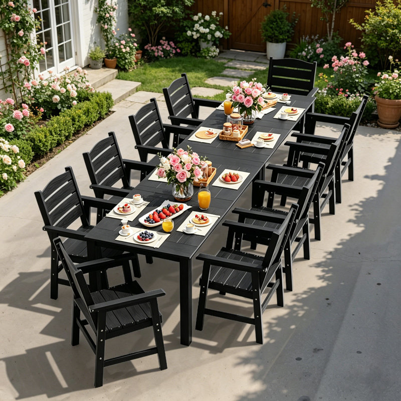 10 - Person All Weather Outdoor Table and Chairs 12 Pieces Patio Dining Sets Outside Furniture With Umbrella Hole& Aluminum Frame HIPS Modern Patio Dining Set for 10 Person For Outside Backyard/Porch/Deck, 2-Tables 10-Chairs, Black
