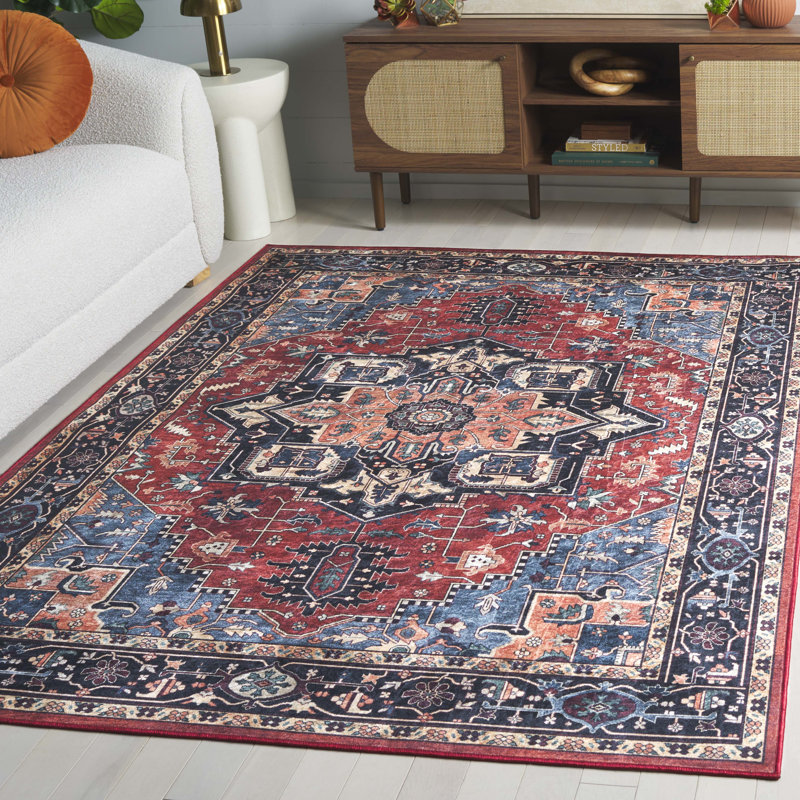 Willamae Orlando Felt/Velvet/Laminated Film Machine Washable Southwestern Rug in Rust/Blue, Rectangle 5'3" x 7'6"